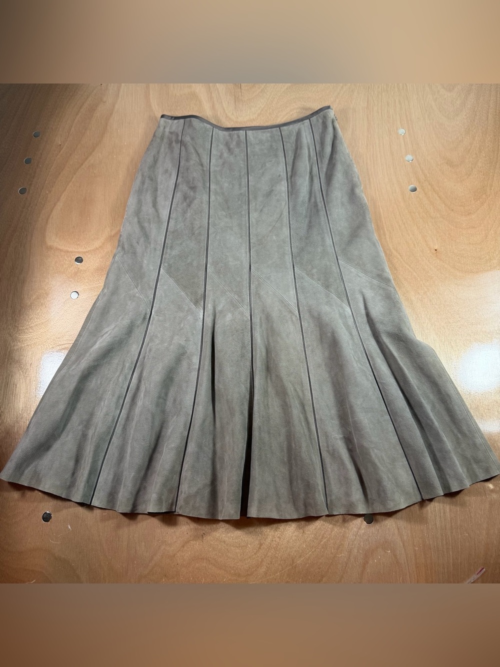 Lafayette 148 New York Taupe 100% Leather Pleated Midi Skirt